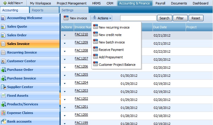 Invoice: Action List View