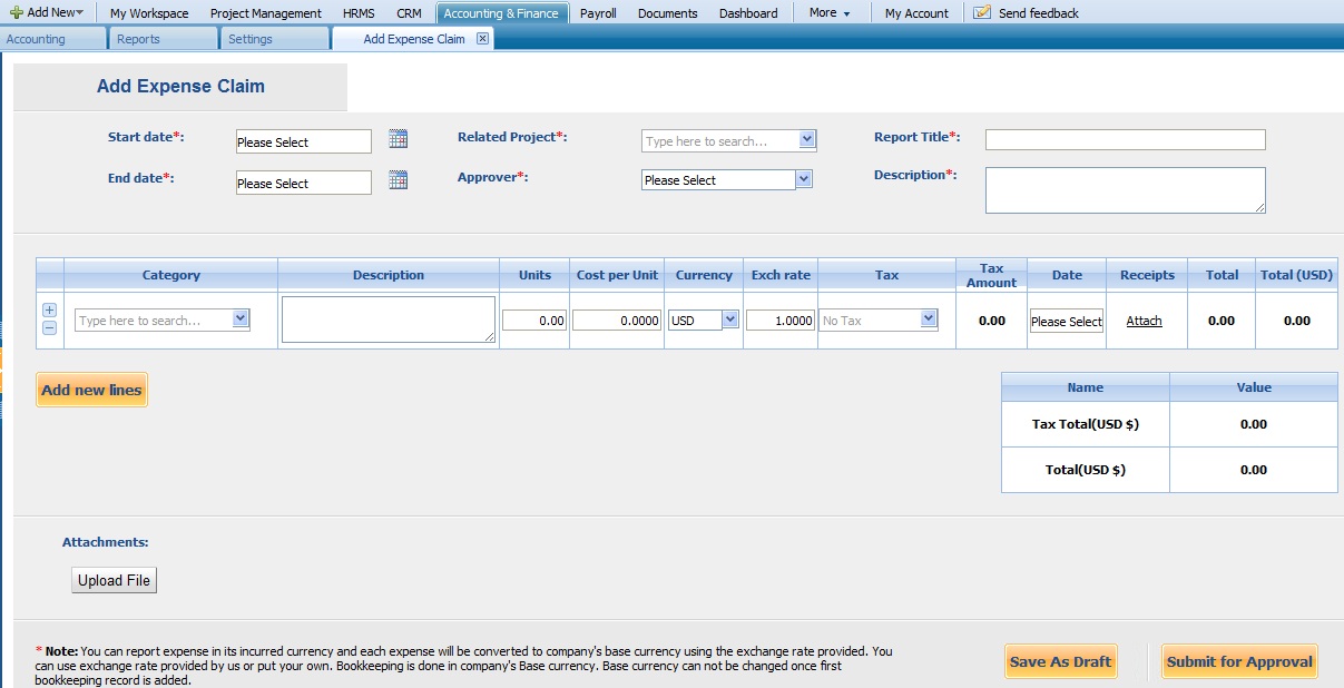 Add New Expense/Report Claims